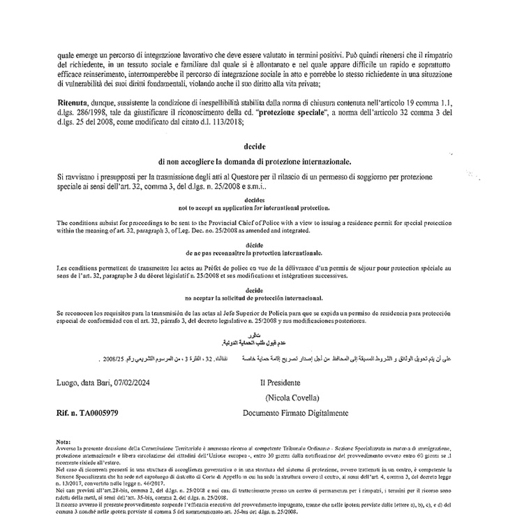 ACCOGLIMENTI PERMESSI DI SOGGIORNO 2024